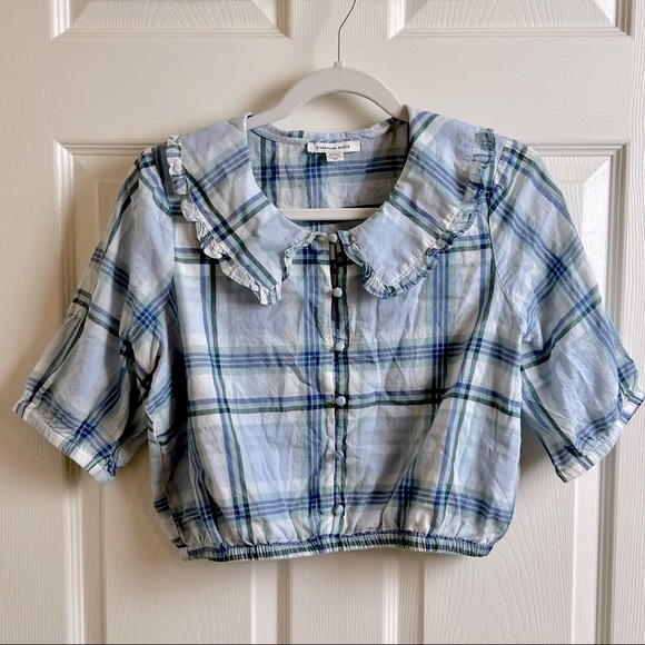 American Eagle blue plaid button up cotton top with exaggerated Peter Pan collar - Picture 2 of 7